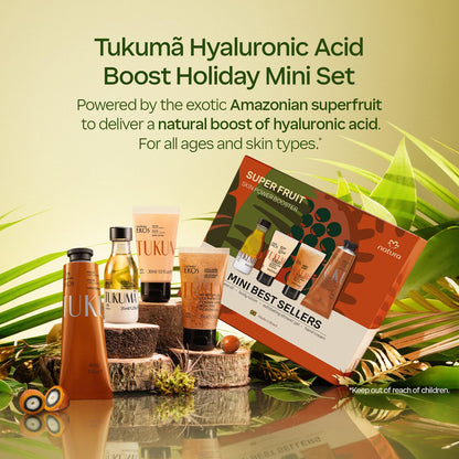 natura – Tukumã Hyaluronic Acid Boosting Brazilian Set (4 Travel Size Products) - Exfoliating Shower Gel, Biphase Shower Oil, Body Lotion and Hand Cream- Anti-Aging - Vegan Skin Care