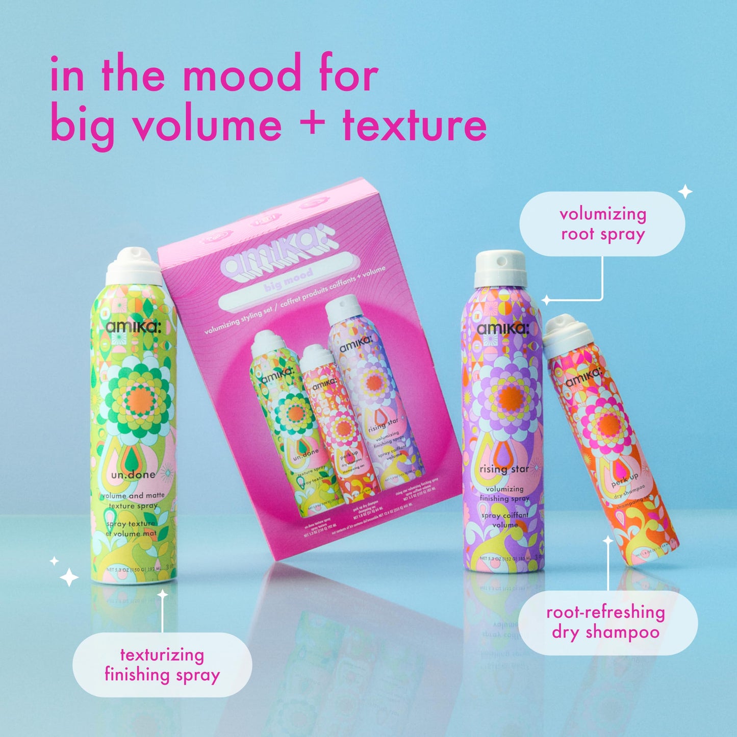 amika big mood volumizing styling set | gift set for touchable volume + texture