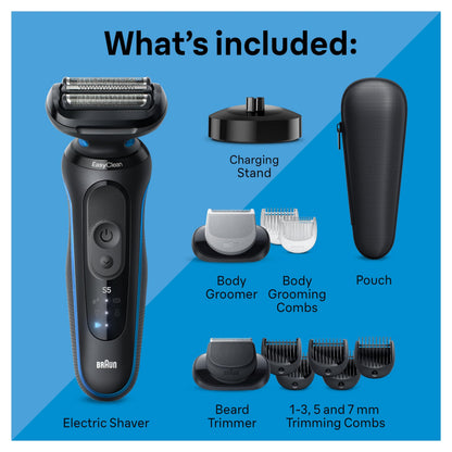 Braun Electric Shaver for Men, Series 5 5150cs, Wet & Dry Razor, Turbo Shaving Mode, Foil Shaver, with Beard Trimmer, Body Groomer and Charging Stand, Blue