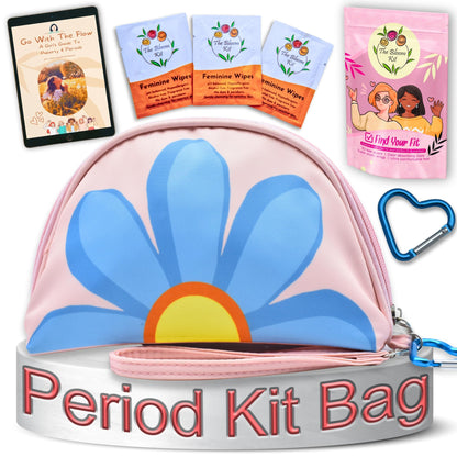 The Bloom First Period Kit for Girls 9-12 – 32 PC Tween Starter Kit with Cute Sanitary Napkin Storage Bag – Portable Waterproof Emergency Pad Pouch (Pink & Blue)