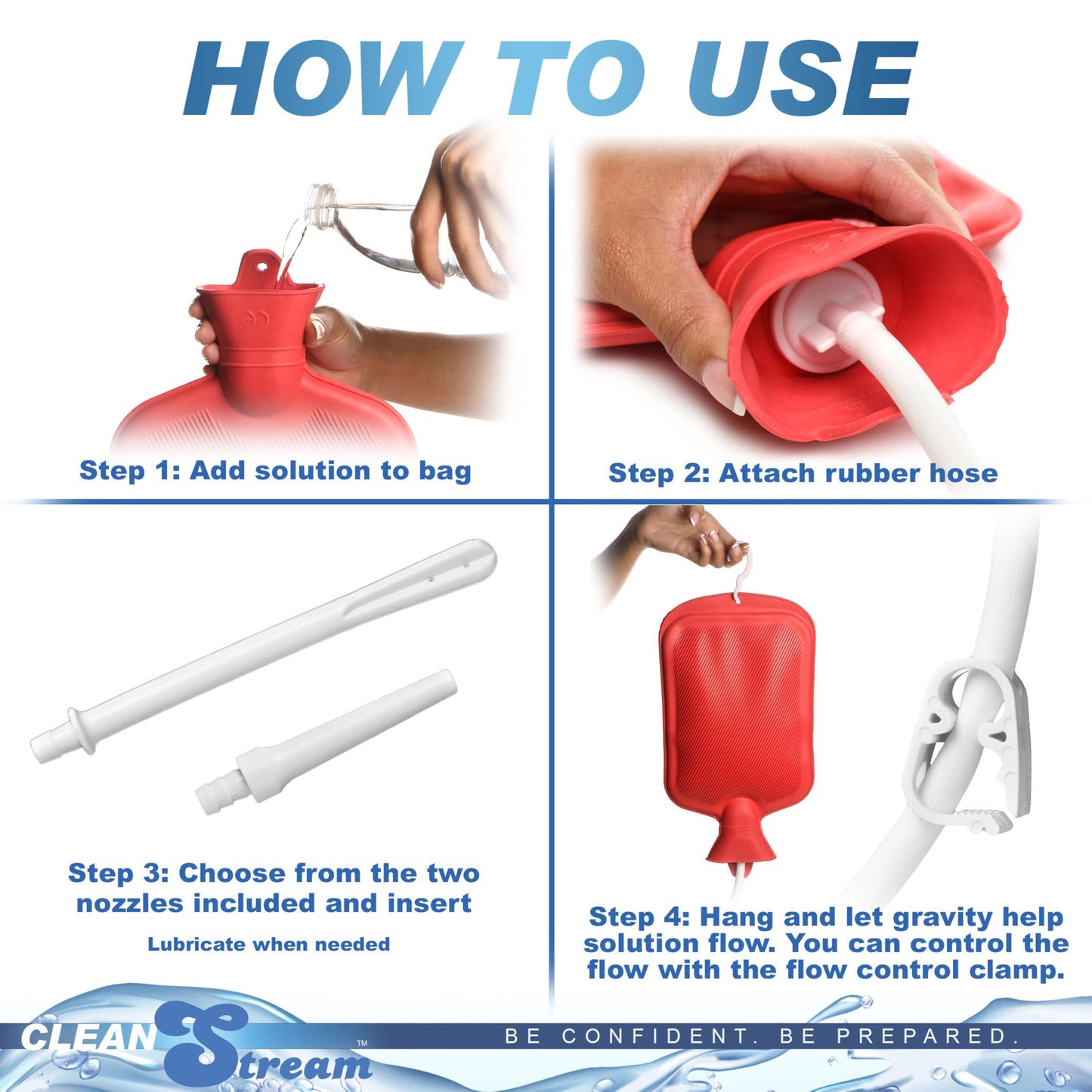 Cleanstream Water Bottle Douche Kit with Enema Tip, Vaginal Tip, 2 Quart Rubber Bottle, 5 Foot Tubing, Shut-Off Clamp, Adapter, Stopper and Hanging Hook for Personal Cleansing