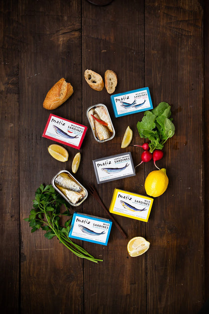 Matiz Sardinillas with Piquillo Peppers | Baby Sardines 3 Ounce | Product of Spain | Wild Caught |