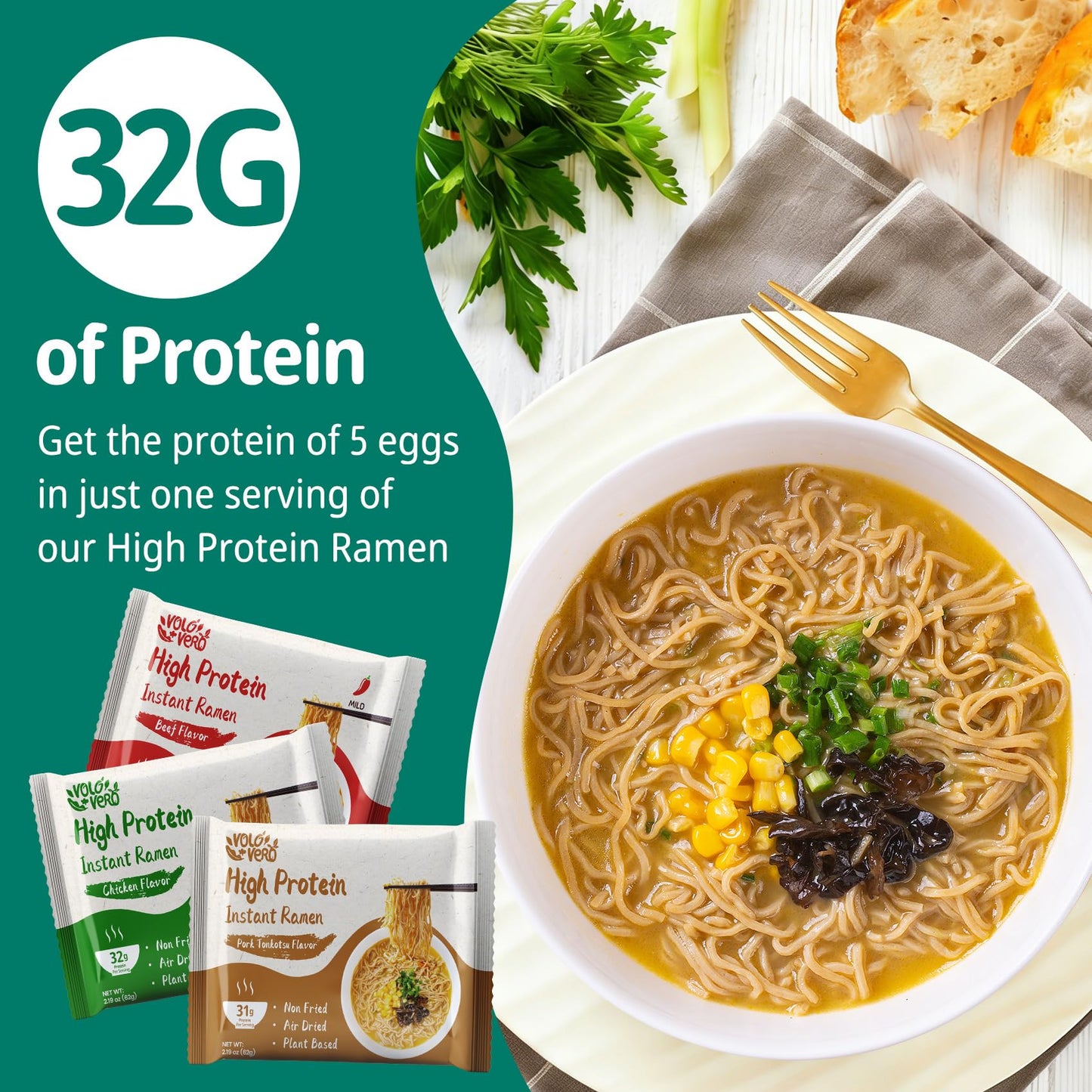 VOLO VERO High Protein (32g) Instant Ramen Variety Packaged Noodles Soup, Chicken, "Spicy" Beef, Pork Tonkotsu, Plant-Based, Air-Dried, Non-Fried, Low Carb, Egg-Free, Dairy Free Healthy Meal, 8 Packs
