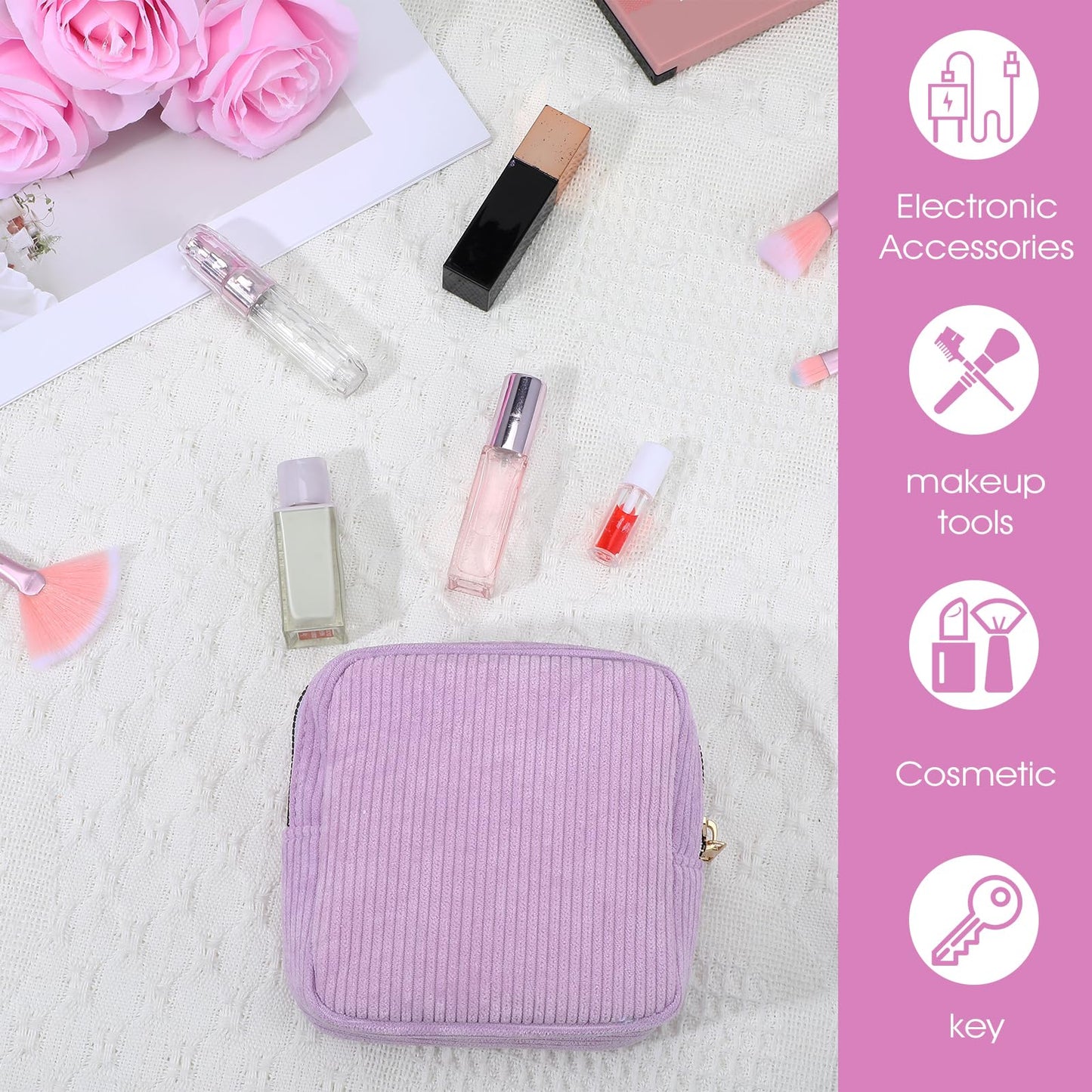 Feminine Menstrual Care Bags for Teen Girls, Mini Corduroy Period Bag for Storing Sanitary Napkins Portable Makeup Pouch with Zipper Cosmetic Bag Tampon Pad Holder for Women Travel Purse (Purple)