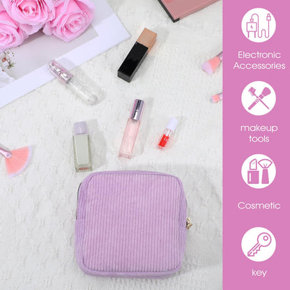 Feminine Menstrual Care Bags for Teen Girls, Mini Corduroy Period Bag for Storing Sanitary Napkins Portable Makeup Pouch with Zipper Cosmetic Bag Tampon Pad Holder for Women Travel Purse (Purple)