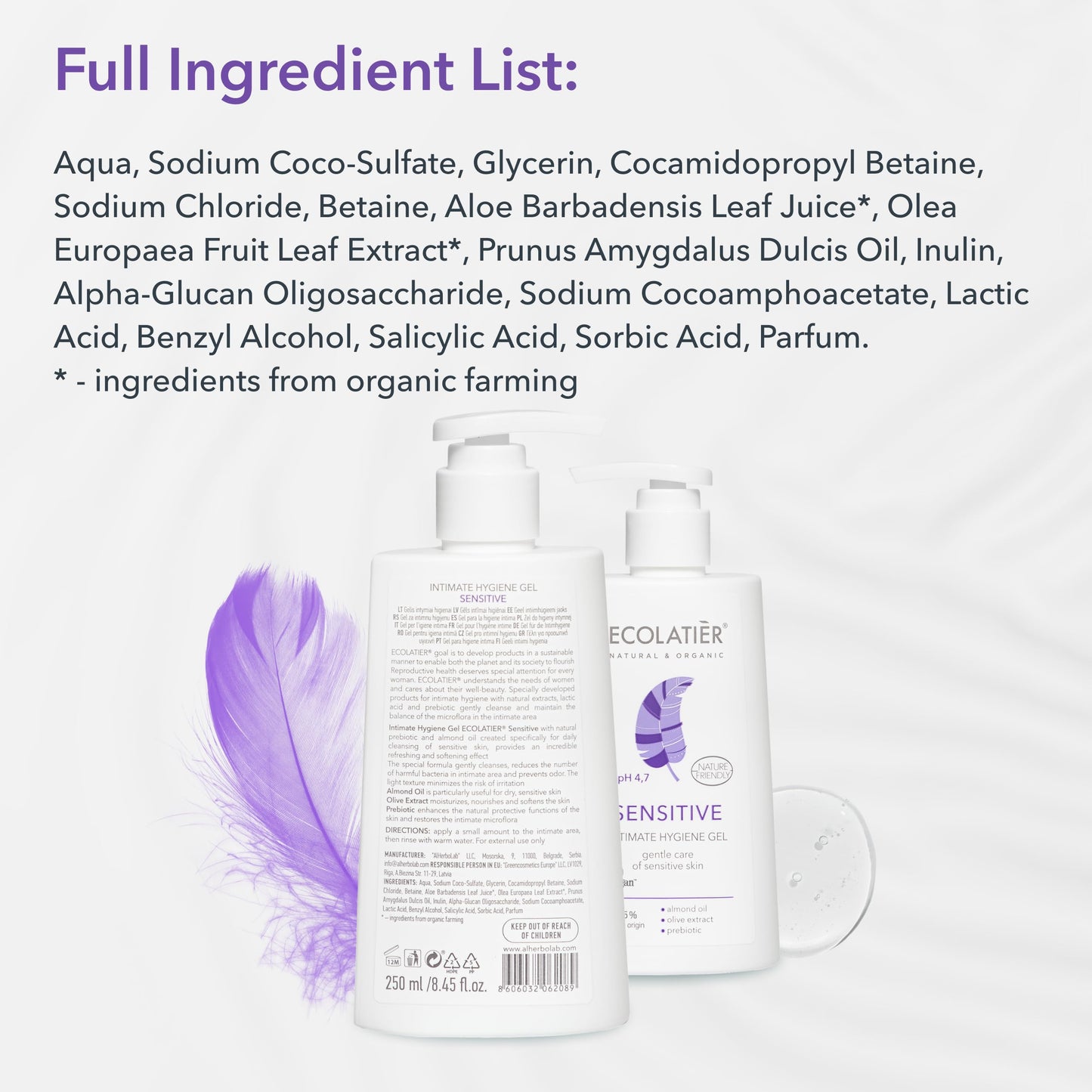 Feminine Wash Sensitive with Almond Oil & Olive Extract – 98.5% Natural, Vegan, pH 5.2 Balanced vaginal wash for woman Dry & Sensitive Skin, Restores Microflora & Moisture, 8.5 Fl Oz – ECOLATIER