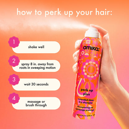 amika perk up plus extended clean dry shampoo | lightweight + buildable, extend time even further between wash days, invisible finish + no white residue, for all hair types