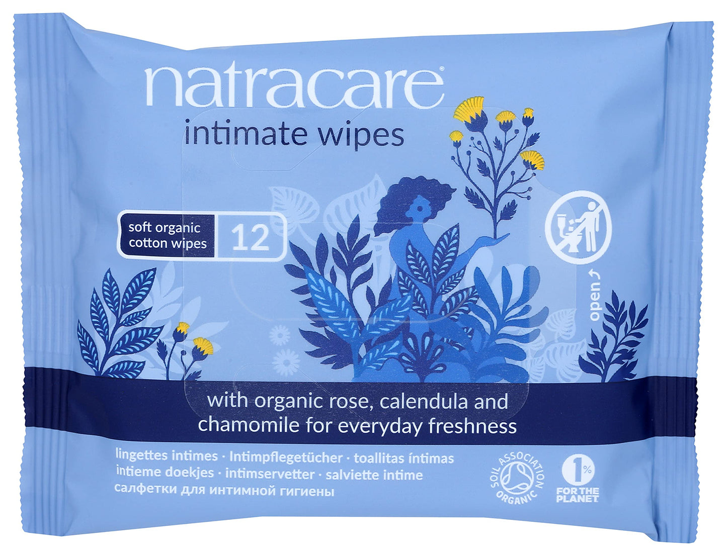 Natracare Organic Cotton Intimate Wipes Infused with Organic Essential Oils of Chamomile, Calendula and French Rose, 12 Wipes per pack (1 Pack, 12 wipes total)