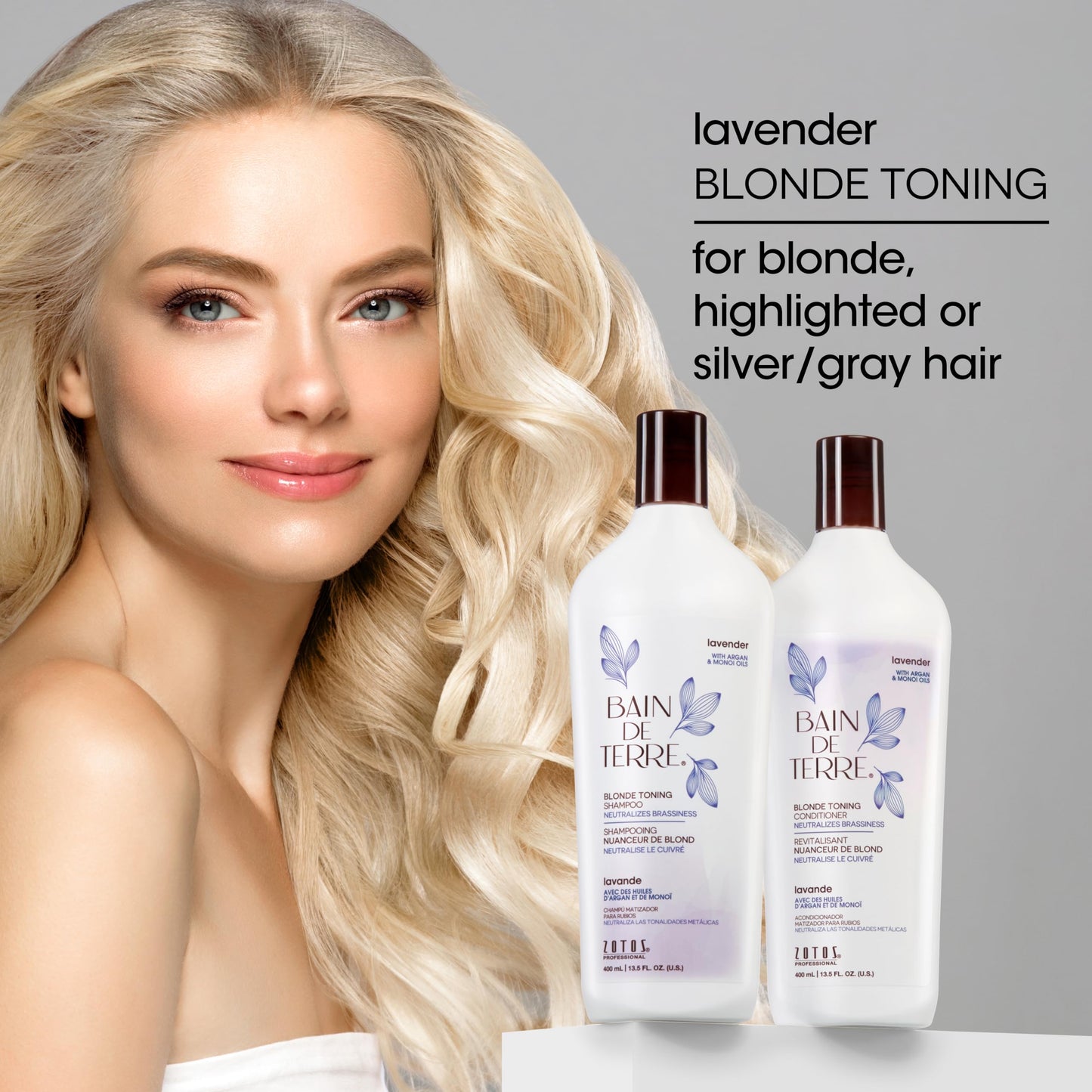 Bain de Terre Lavender Blonde Toning Conditioner, Neutralize Brassy Tones for Cool Blonde, Highlighted or Gray Hair, with Argan & Monoi Oils, Paraben-Free, Vegan,13.5 Fl Oz