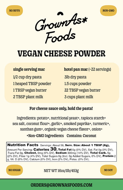 GrownAs Vegan Cheese Powder, 1 lb. - Dairy Free, Non-GMO Cheddar Seasoning for Vegan Mac & Cheese, Nachos, Organic, Non-Dairy, Sugar & Soy Free - Better Than Nutritional Yeast