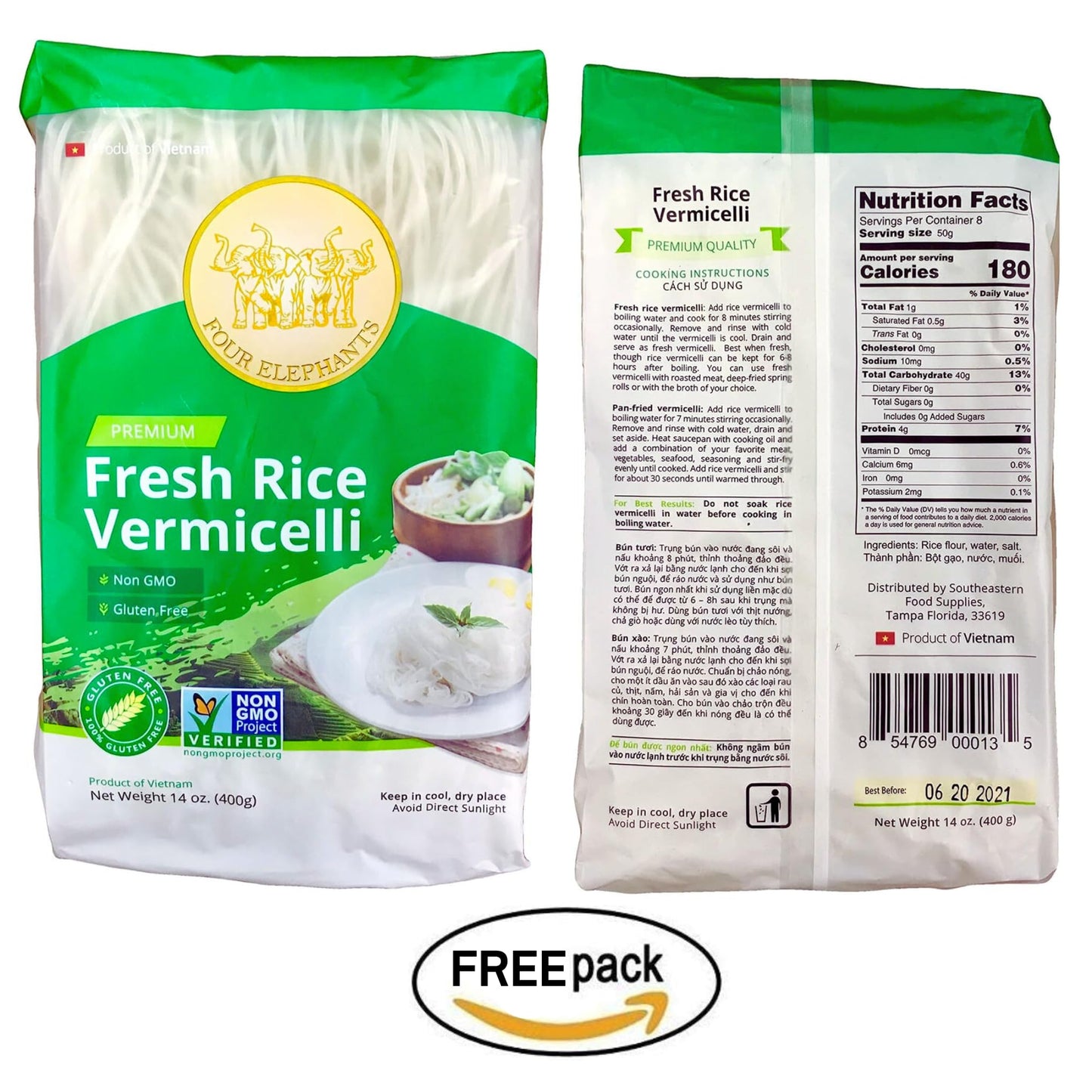 Authentic Asian Pantry Spicy Ramen Noodles 4 Pack + FREE Four Elephants Rice Vermicelli | Korean Ramen Soup + Thin Rice Noodles | Easy Meal Kit, Non-GMO, Gluten-Free