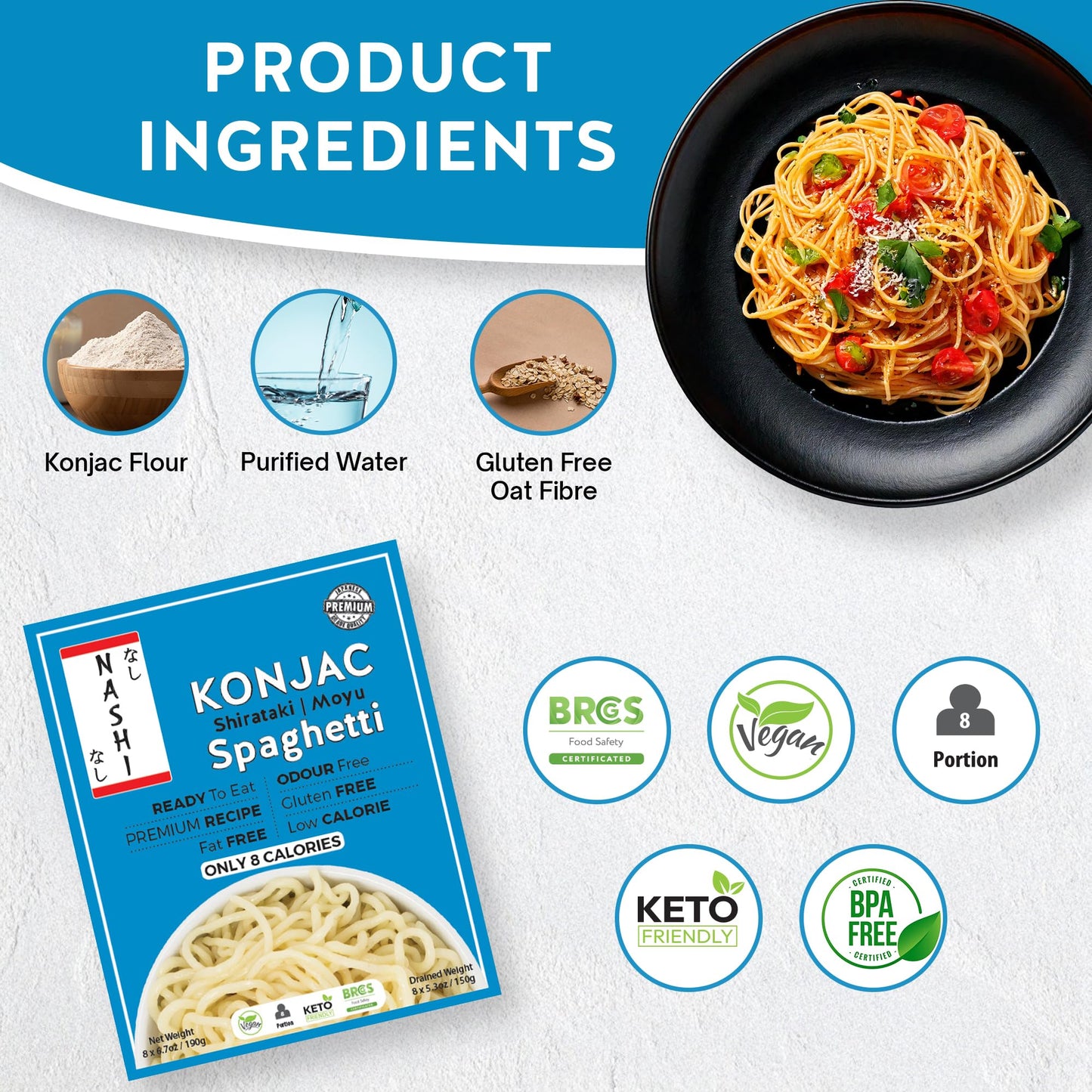Nashi Shirataki Konjac Spaghetti (8x190g) – Glucomannan Premium Recipe, Keto-Friendly | Low-Calorie, Zero-Carb, Vegan & Gluten-Free, Odour-Free, High Fiber | Ready-to-Eat Food
