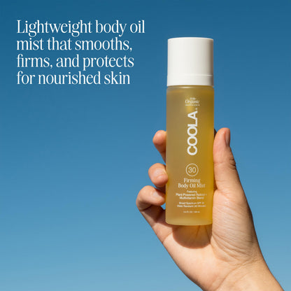 COOLA Firming Body Oil Mist SPF 30, Organic Lightweight Hydrating Sunscreen Mist with Bakuchiol, Vitamins C, D, E, Sea Buckthorn & Moringa Oils, Firms & Smooths Skin, 3.4 Oz