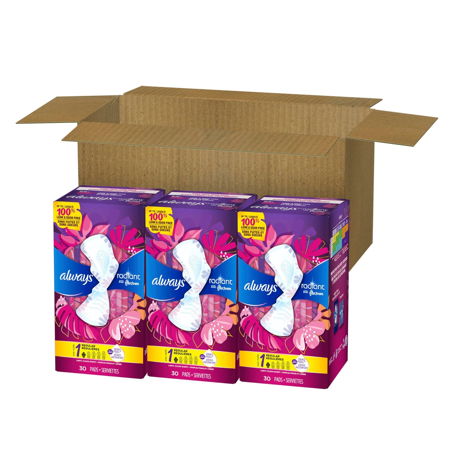 Always Radiant Feminine Pads for Women, Flexfoam Pads with Wings, Size 1, Regular Absorbency, Lightly Scented, 90 Count (3 Packs of 30)