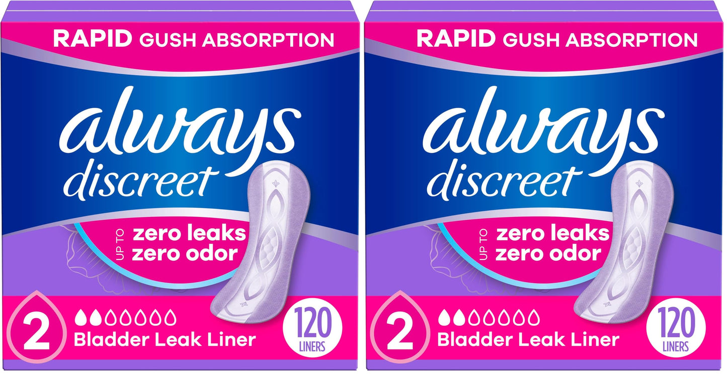Always Discreet Incontinence Panty Liners for Bladder Leaks, Size 2, Very Light Absorbency, 120 Count (Pack of 2)