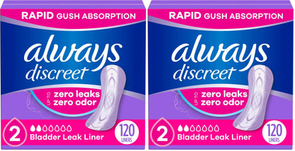 Always Discreet Incontinence Panty Liners for Bladder Leaks, Size 2, Very Light Absorbency, 120 Count (Pack of 2)