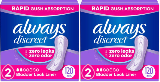 Always Discreet Incontinence Panty Liners for Bladder Leaks, Size 2, Very Light Absorbency, 120 Count (Pack of 2)