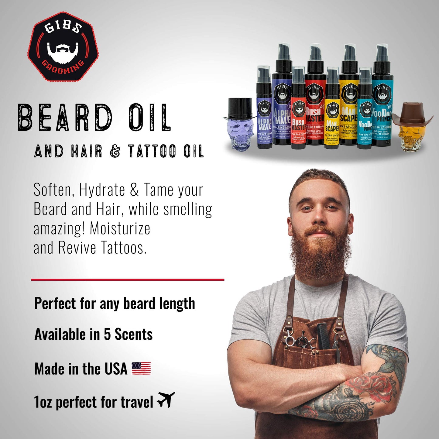 GIBS Grooming - Beard, Hair & Tattoo Oil (1 fl oz) Collectible Glass Bottle - Softens & Strengthens - Skin Moisturizer - Vitamin C - UV Shield - Travel Size - Beard Oil - Made in USA