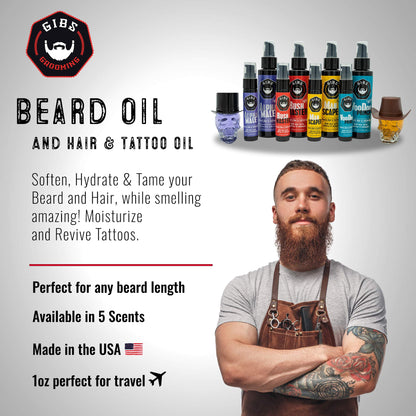 GIBS Grooming - Beard, Hair & Tattoo Oil (1 fl oz) Collectible Glass Bottle - Softens & Strengthens - Skin Moisturizer - Vitamin C - UV Shield - Travel Size - Beard Oil - Made in USA