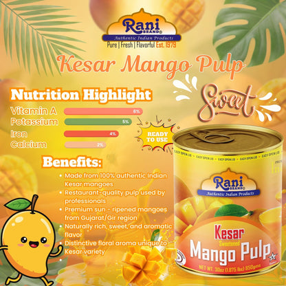 Rani Mango Pulp Puree (Makes Mango Lassi Shakes) Kesar Sweetened 30oz (1.875lbs) 850g Pack of 6 ~ Kosher | All Natural | NON-GMO | Vegan | No colors | Gluten Friendly | Indian Origin