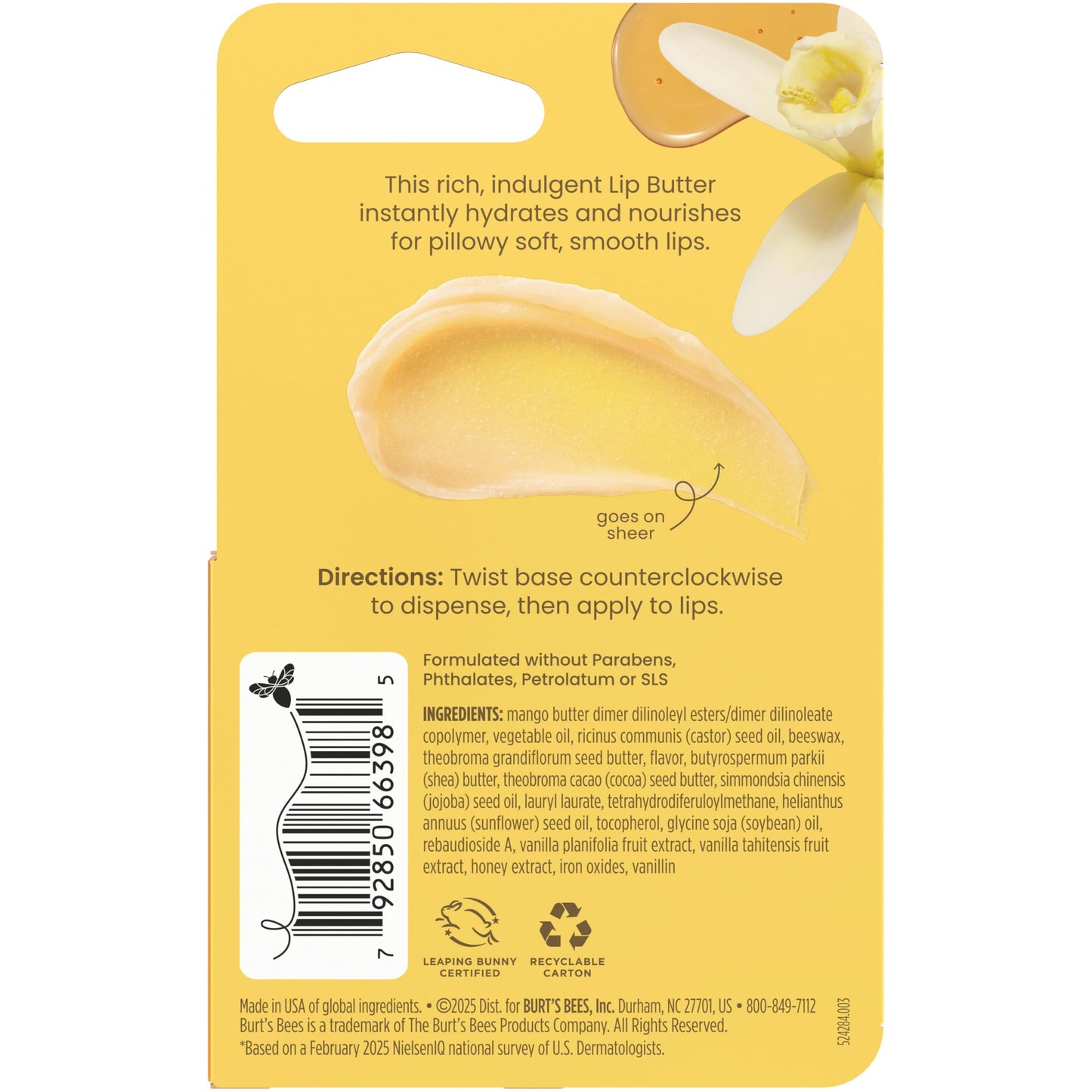 Burt's Bees Vanilla Honey Lip Butter, Repairs Dry Lips, 24 Hour Hydration, Locks in Moisture, Includes Shea and Mango Butters, Antioxidant Rich Vitamin E, Convenient Twist Up Dispenser, 0.5 Oz.