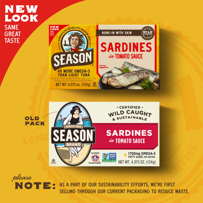 Season Sardines in Tomato Sauce - Wild Caught, 22g of Protein, Keto Snacks, More Omega 3's Than Tuna, Kosher, High in Calcium, Canned Sardines - 4.37 Oz Tins, 12-Pack