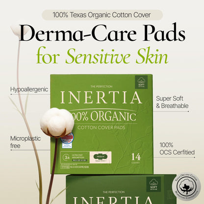 INERTIA The Perfection Green Bundle (Regular 14 Count, Super 12 Count) – 100% Organic Cotton Korean Pads with Wings, Ultra Fast Absorption & Breathable Bio-Film, Leak-Proof & Hyperallergic, Women