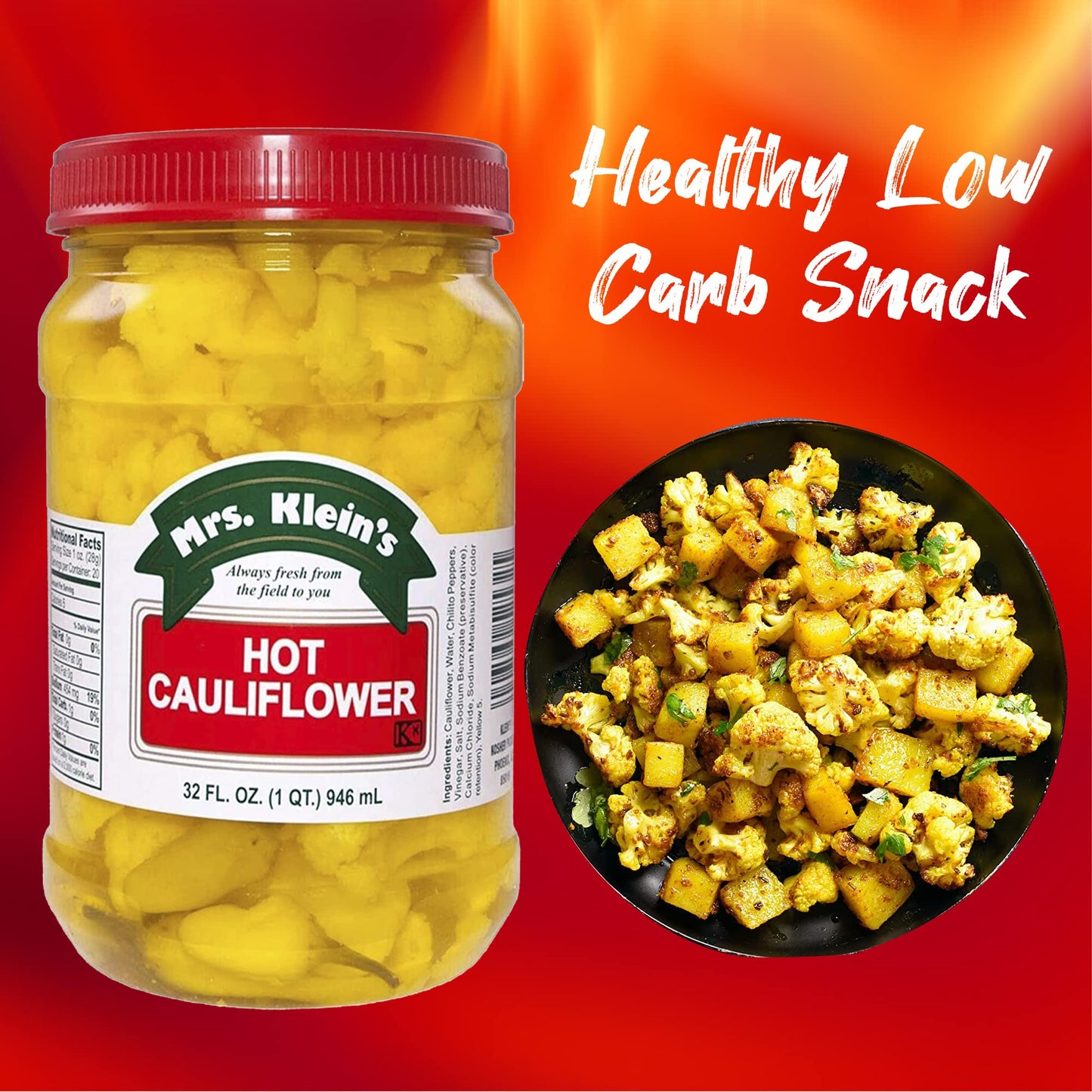 Mrs Kleins Cauliflower Bites | Hot & Spicy cauliflower florets | Unique salad toppings | Low Carb Snack | Vegan snack | Kosher, Keto Friendly & Gluten Free | Spicy Pickled Vegetables Made with Natural Ingredients | Made in the USA