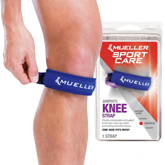 MUELLER Sports Medicine Jumper's Knee Single Strap for Men and Women, Knee Compression and Pain Relief Support, Ideal for Osgood-Schlatter's, Patellar Tendinitis, One Size
