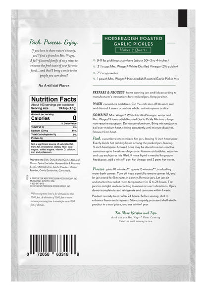Mrs. Wages Horseradish Roasted Garlic Quick Process Pickle Mix, Quick and Easy, Simple-To-Use, Unique Spicy Garlic Flavor, 6.5 oz Packet (Value Packof 6)