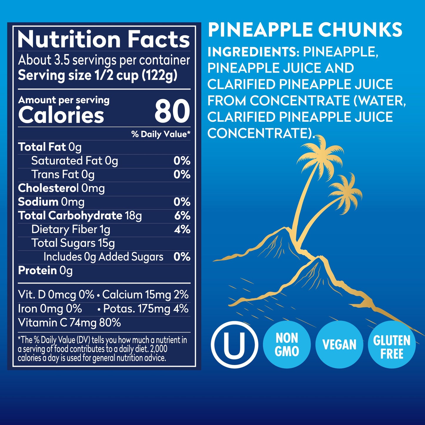 Dole Canned Fruit, Tropical Gold Pineapple Chunks in 100% Pineapple Juice, Gluten Free, Pantry Staples, No Sugar Added, 15.25 Oz, 12 Count