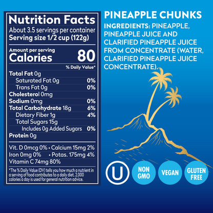 Dole Canned Fruit, Tropical Gold Pineapple Chunks in 100% Pineapple Juice, Gluten Free, Pantry Staples, No Sugar Added, 15.25 Oz, 12 Count