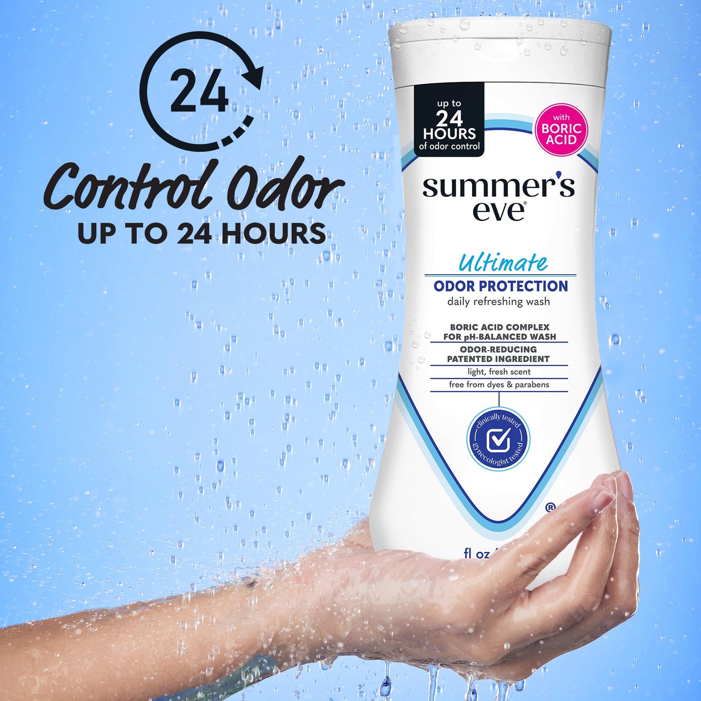 Summer's Eve Ultimate Odor Protection Daily Feminine Wash, pH-Balanced Formula Body Wash for Women with Boric Acid Helps Control Vaginal Odor, 15 Fl Oz
