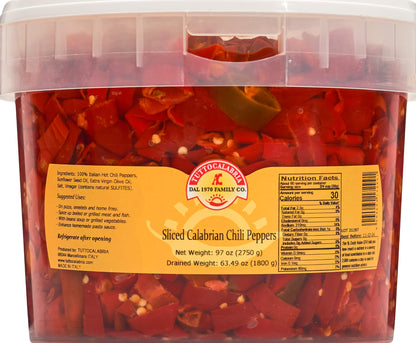 TUTTOCALABRIA Sliced Calabrian Chili Peppers in Oil, Bulk Foodservice Tub, 97 oz, chopped, rounds, Topping, All Natural, Non-GMO, Product of Italy