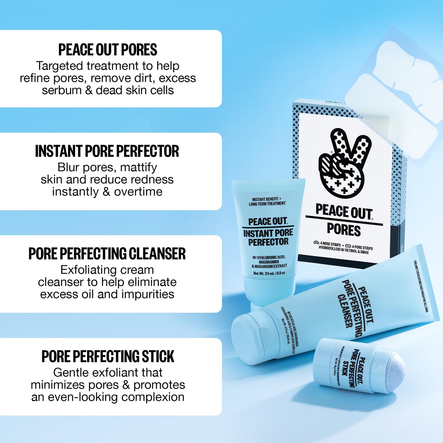 PEACE OUT Pore Strips for Nose and Face, Oil Absorbing Hydrocolloid Blackhead Remover, Pore Minimizing Strips with Retinol, Multi-Use Face Strips for Clogged Pores, 8 Count