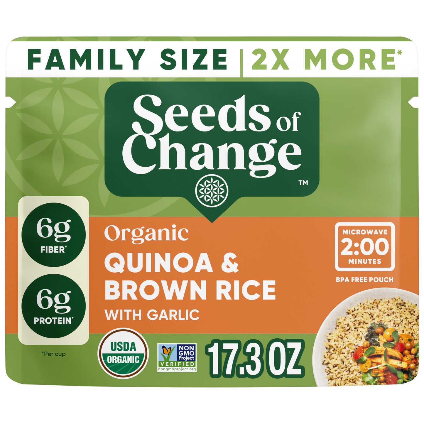 SEEDS OF CHANGE Organic Quinoa & Brown Rice with Garlic Family Size, Organic Food, 17.3 oz Pouch (Pack of 6)