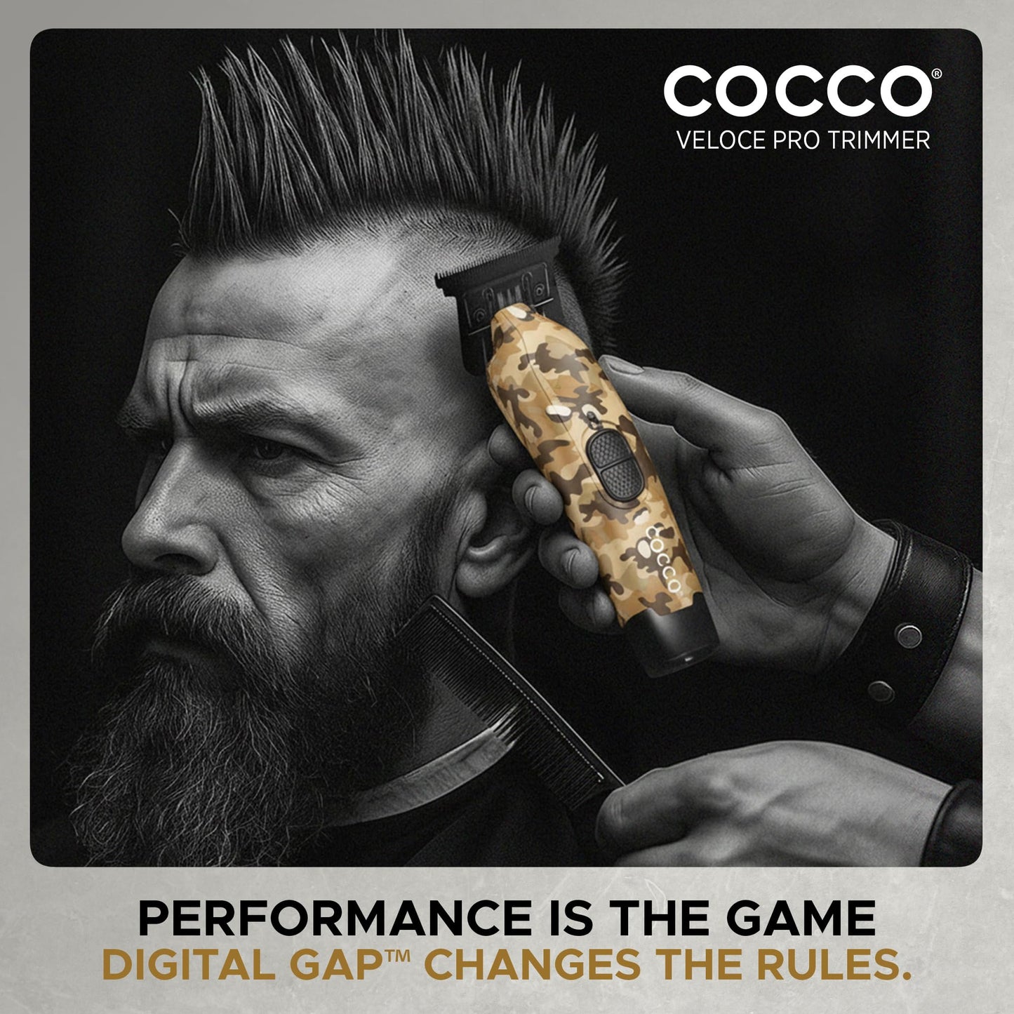 Cocco Hyper Veloce Pro Trimmer, Digital Gap Graphene Blade Edger, High-Torque Brushless BLDC Motor, Cordless, All-Metal Design, Lithium-Ion Battery, Charging Base Included (Camo)