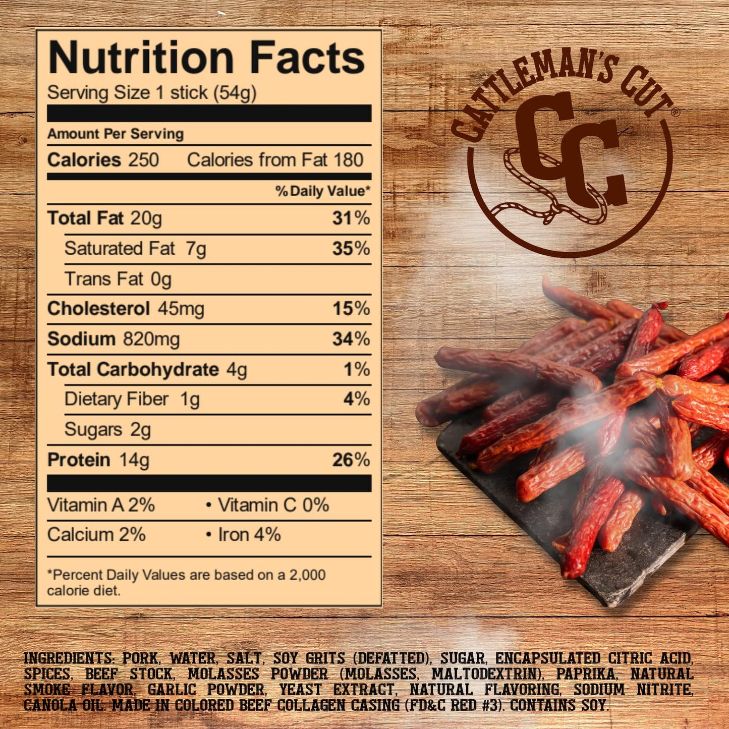 Cattleman's Cut Old Fashioned Smoke Sausage Meat Sticks, Premium Protein Snacks, Keto Friendly, Gluten Free, Carnivore Travel Snack, Resealable Bag, 12 Ounce