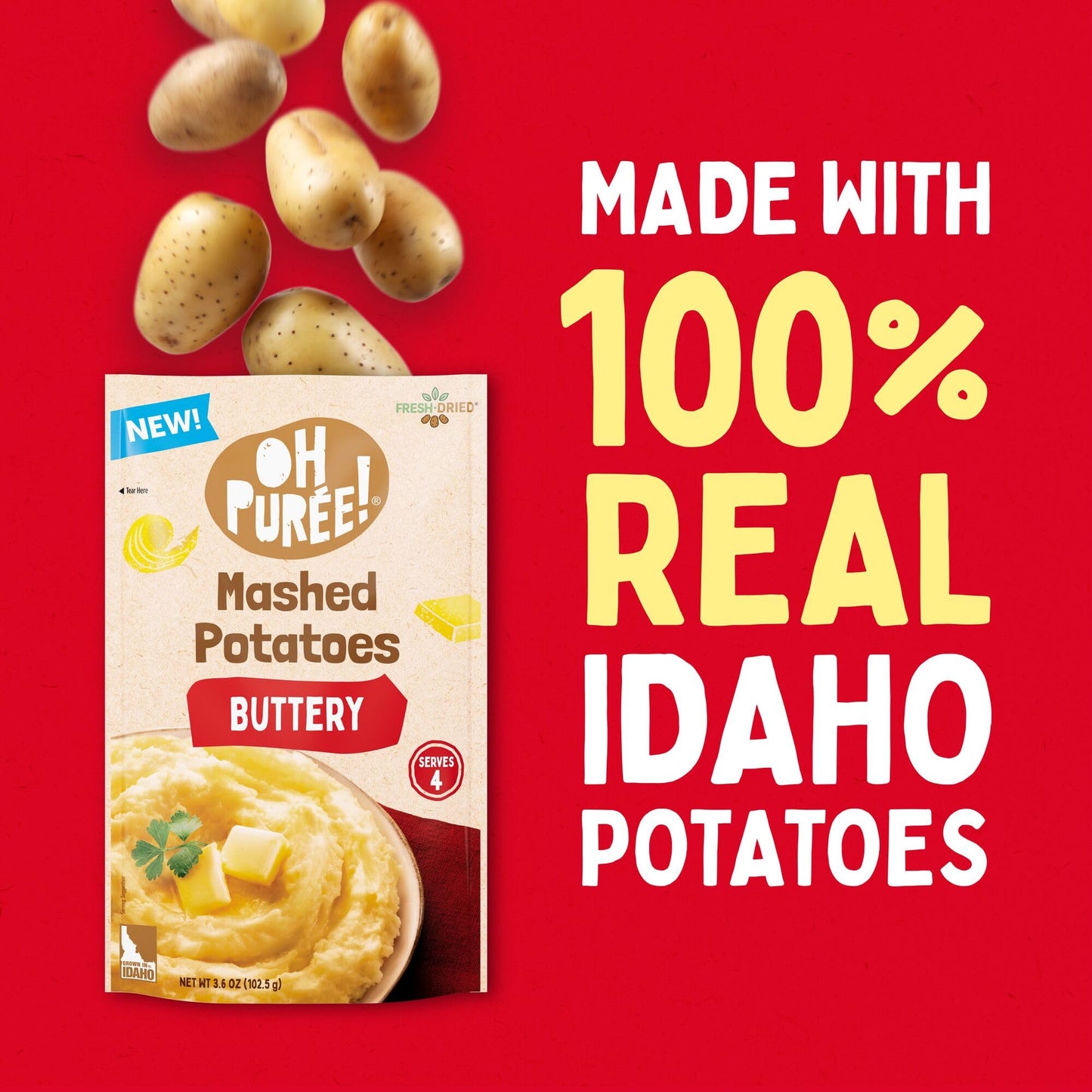 OH PURÉE! Buttery Mashed Potatoes, 4-servings, 3.6oz (Pack of 12), Gluten Free; Dairy Kosher; Vegetarian; No Artificial Flavors; No Artificial Colors; Made with 100% REAL Idaho Potatoes