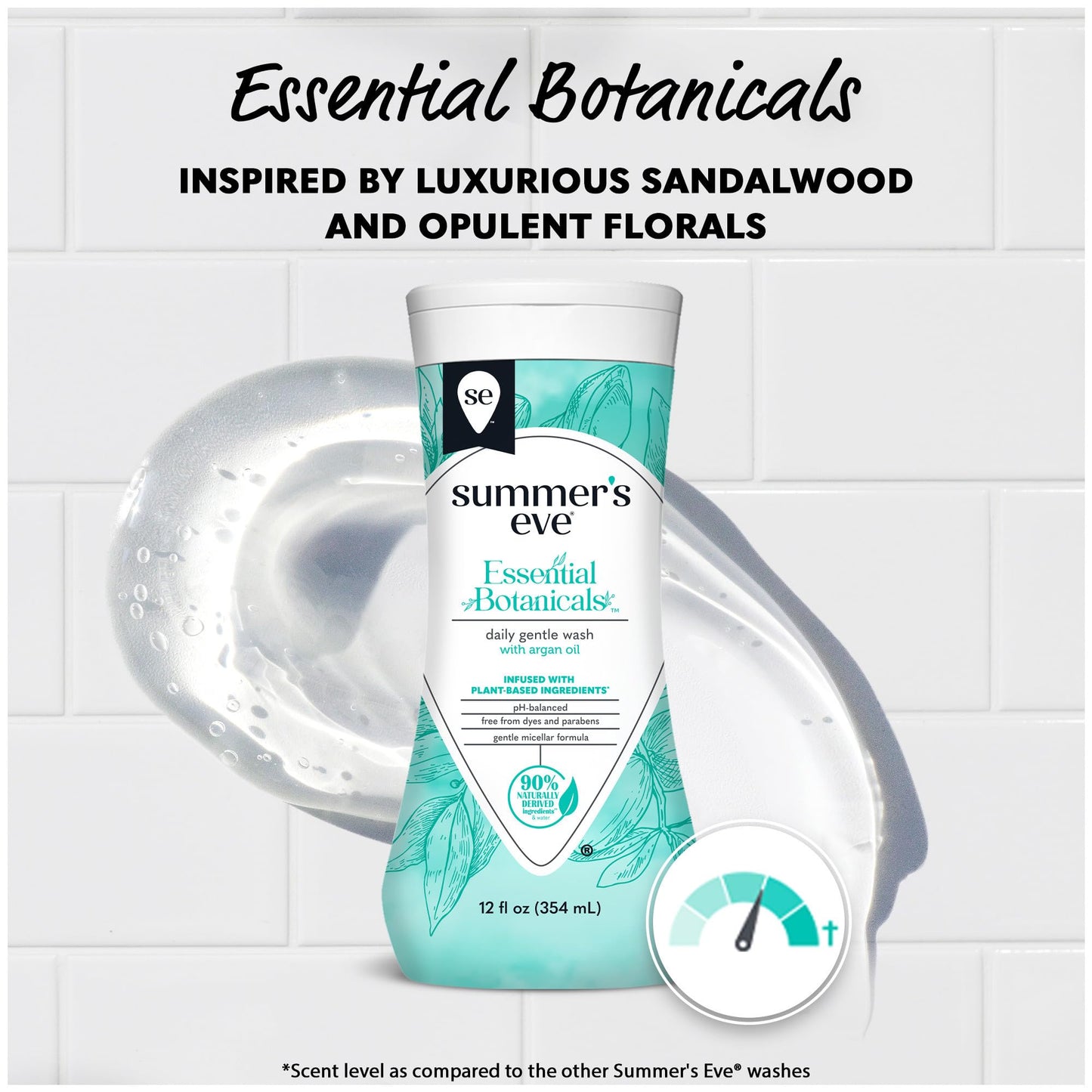 Summer's Eve Essential Botanicals All-Over Daily Feminine Wash with Argan Oil, Gentle pH-Balanced Body Wash for Women, Removes Vaginal Odor and Refreshes, 12 Fl Oz
