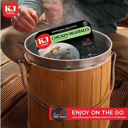 KJ Poultry Kosher Ready Meals - Chicken Meat Balls & Mushrooms, MRE Meat Meals Ready to Eat, Halal, (1 Pack) Prepared Entree Fully Cooked, Shelf Stable Microwave Dinner, Travel, Military, Camping