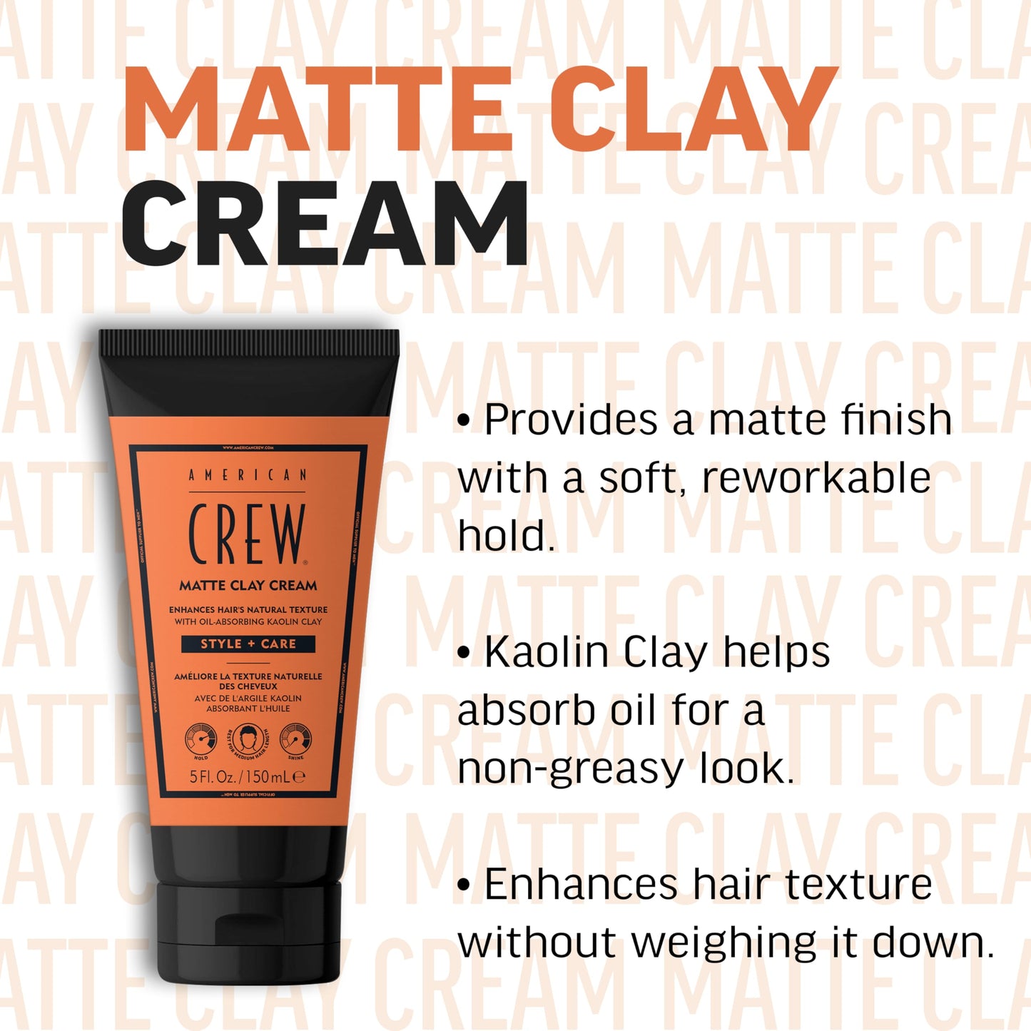 AMERICAN CREW Matte Clay Cream, Hybrid Hair Styling Clay Gel For Men, Medium Hold With Matte Finish, 5 fl oz