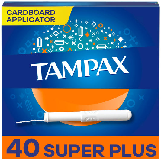 Tampax Cardboard Tampons for Women Super Plus Absorbency, Anti-Slip Grip, LeakGuard Skirt, Unscented, 40 Count