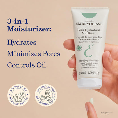 Embryolisse Mattifying Moisturizer, Oil-Control Face Cream with Organic Turmeric Extract. Lightweight Hydration, Non-Comedogenic for Oily & Combination Skin, 1.69 Fl Oz
