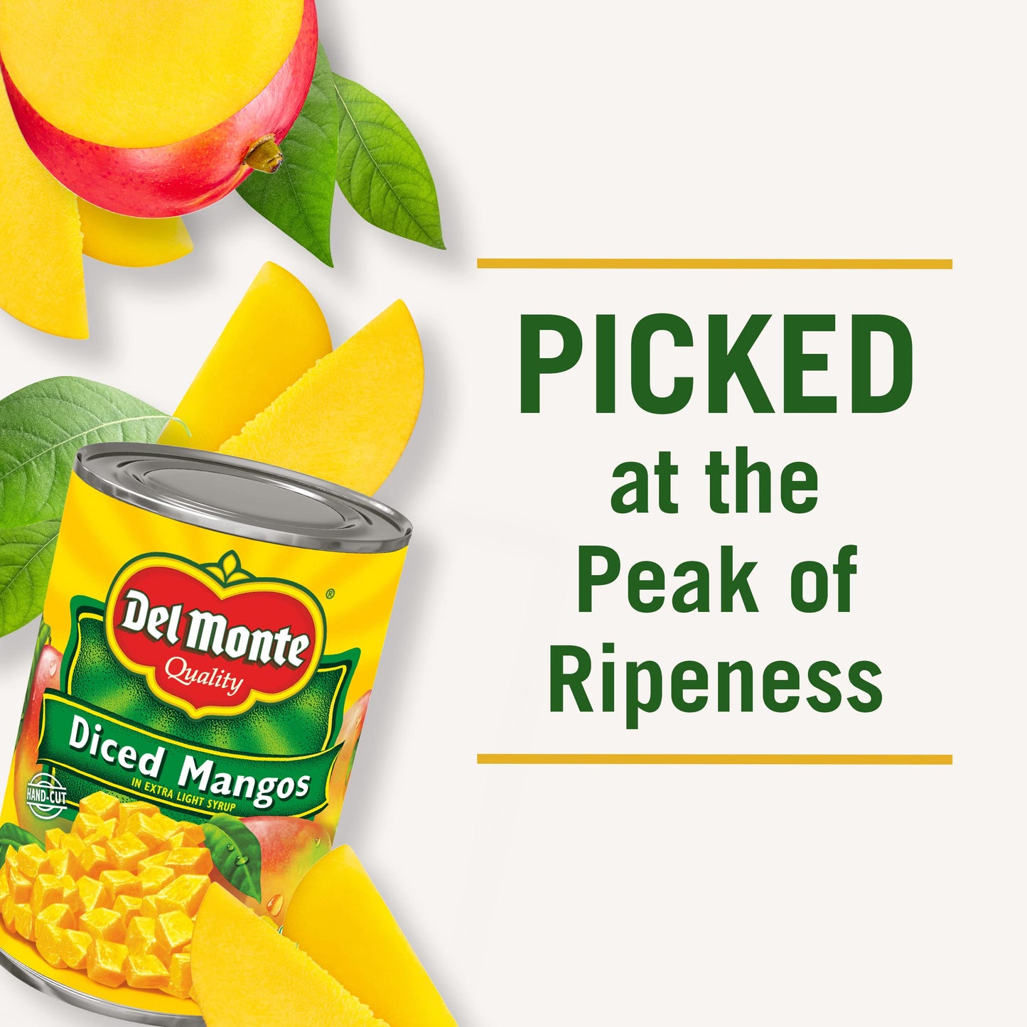Del Monte Diced Mango in Extra Light Syrup, Canned Fruit, 12 Pack, 15 oz Can, Yellow