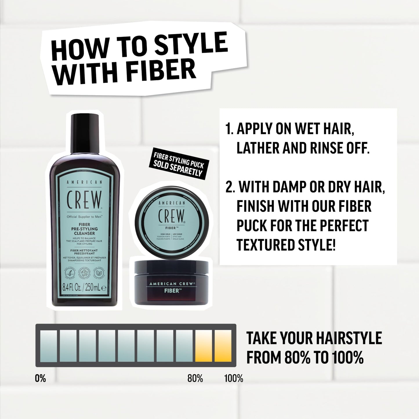 AMERICAN CREW Men's Pre-Styler Fiber Shampoo for Damaged & Fine Hair, Strengthening Shampoo, Adds Thickness & Shine, Vegan, 8.4 fl oz