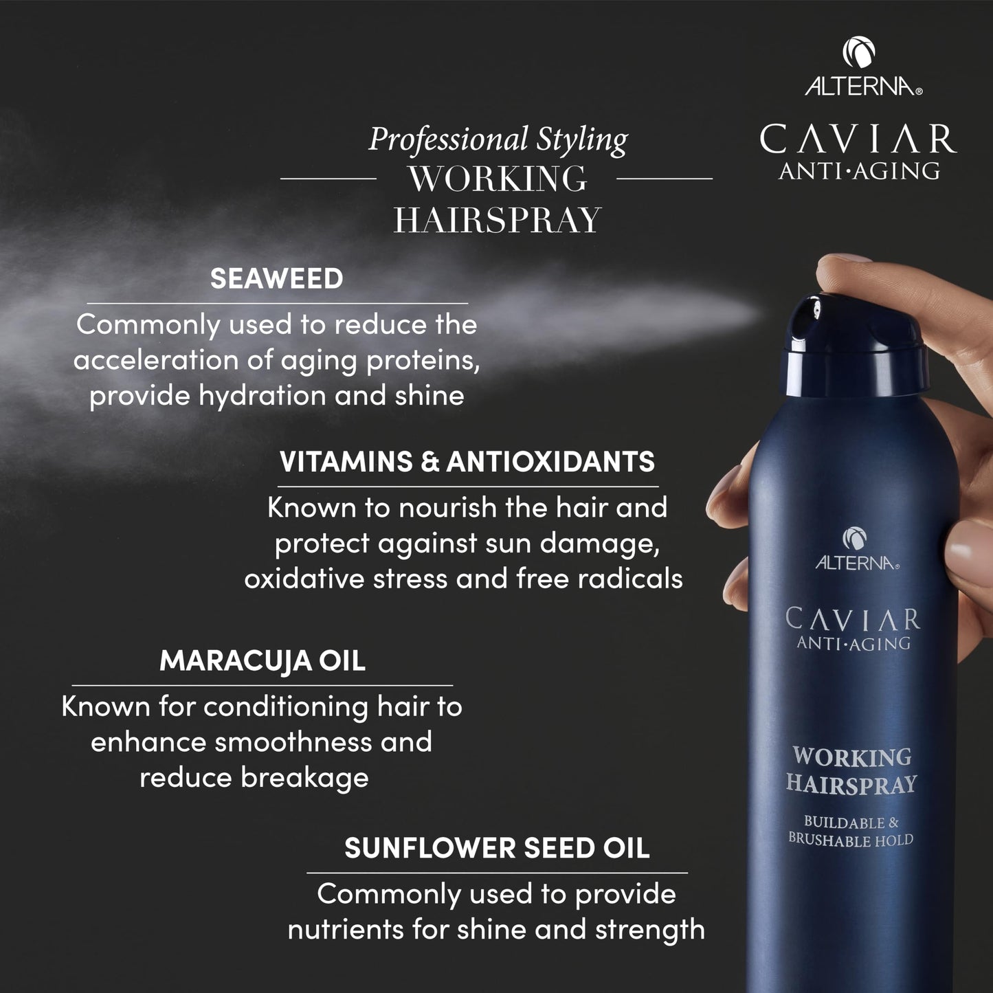 Alterna CAVIAR Anti-Aging Working Hairspray | Buildable, Brushable Hold | Helps Control Frizz & Adds Shine | Sulfate Free