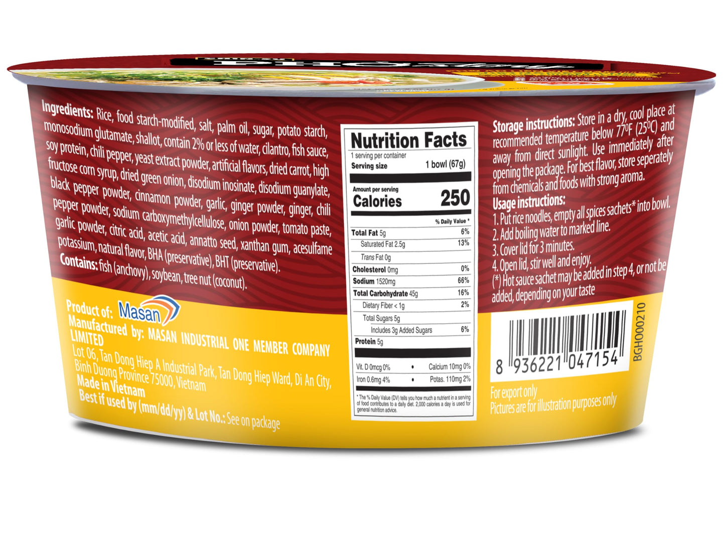 CHIN-SU Vietnamese Pho Noodle Bowl, Chicken Flavor, 2.4 oz, Instant Soup with Rice Noodles