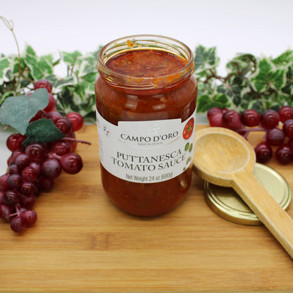 CAMPO D'ORO - Italian Puttanesca Tomato Sauce, 24 oz, Italian Homemade style Pasta Sauce, Spaghetti Sauce from Italy.