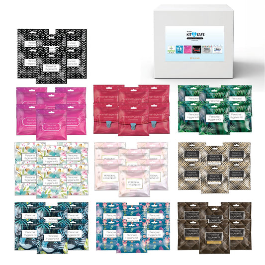60-Pack Bulk Menstrual Care Kits - Individually Wrapped Packs with Tampon, Maxi Pad, Feminine Wipes & Alcohol Hand Wipe - for Schools, Government Agencies, Shelters & Charities - Assorted Colors